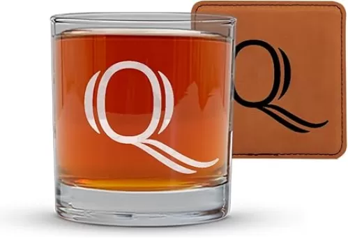 Personalized Scotch Whiskey Glass Engraved - Initial and Matching Leather Coaster (Single, [Q])