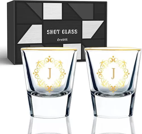 Personalized Shot Glass Set, Custom Gifts for Tequila, Vodka, or Whiskey Lovers, Birthday, Christmas Gifts for Him, Her, 2 Pack, with Initial J