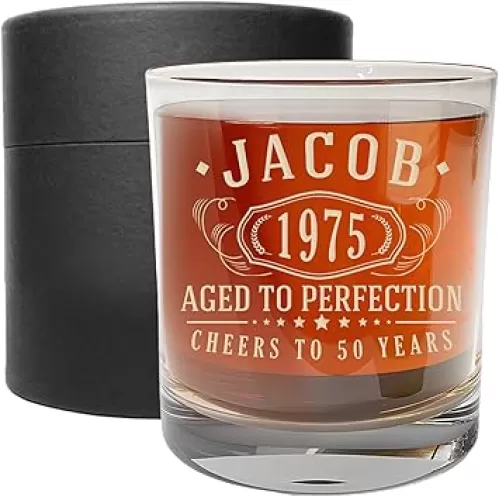 Personalized Vintage 50th Birthday Etched Whiskey Glass - Custom 1975 50th Birthday Gifts for Him Men – Cheers to 50 Years old – Best 50 Party Decorations Favors - Scotch Bourbon Him Women Brother