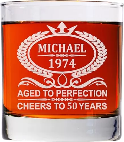 Personalized Whiskey Glass For Men and Women, Aged To Perfection 11oz Old Fashioned Custom Whiskey Glass Birthday Gift For Him and Her, Customized Engraved Etched Monogram Rocks Cocktail Glass