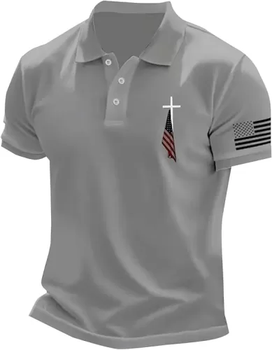 Polo Shirts for Men Christian Cross American Flag Pirnt Golf T-Shirts Summer Short Sleeve Button Down Patriotic Tops