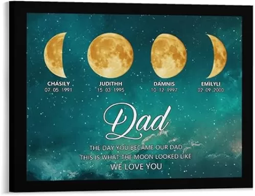 QGTHKLP Personalized The Day You Became Our Dad Moon Phase Canvas Picture Custom Birthdate Name Moon Phase Canvas Wall Art Unique Anniversary Birthday Decor Gift for Dad Grandpa Family (style 14)