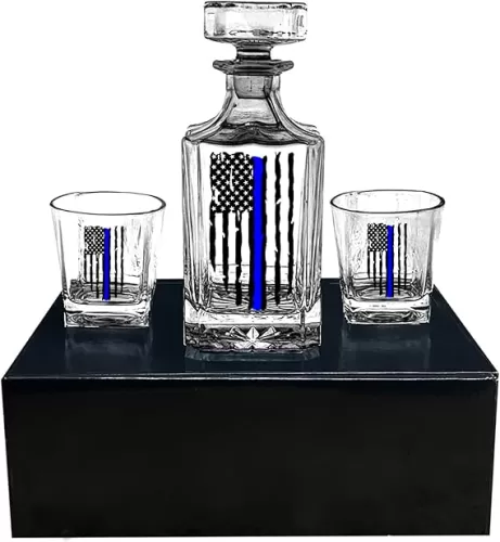 Rogue River Tactical Blue Line Tattered Flag Police Officer Whiskey Decanter Gift Set With 2 Glasses Custom Gift For Men Dad Father's Day PD Police Officer