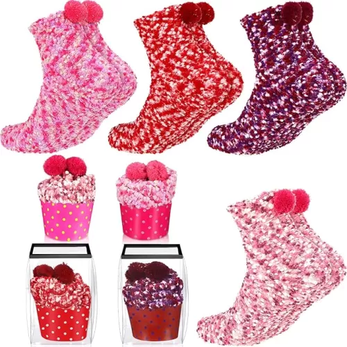 SATINIOR 4 Pairs Cupcake Socks for Women Fuzzy Fluffy Sock DIY Present Birthday Socks Gifts for Valentines Christmas