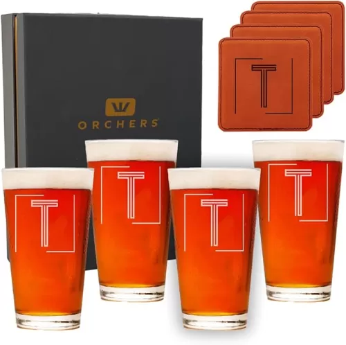 Set of 4 Personalized Pint Glasses & Coasters, Gift for Dad, Fathers Day, Custom Monogrammed with Initial T, Quality Glassware for Craft Beer Lovers, Ideal Gift