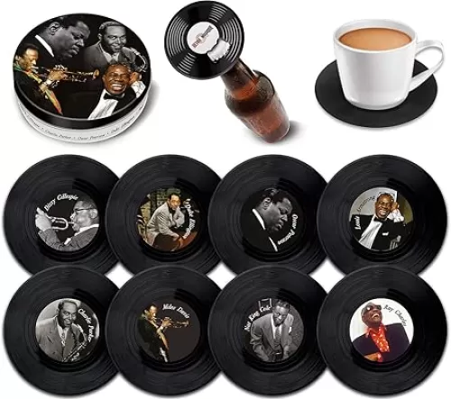 Set of 8 Jazz Legends Vinyl Coasters With Magnetic Bottle Opener | Lovely Music Coasters Bar Gifts For Men & Women | Fantastic Music Lover Gifts Housed In a Metal Tin