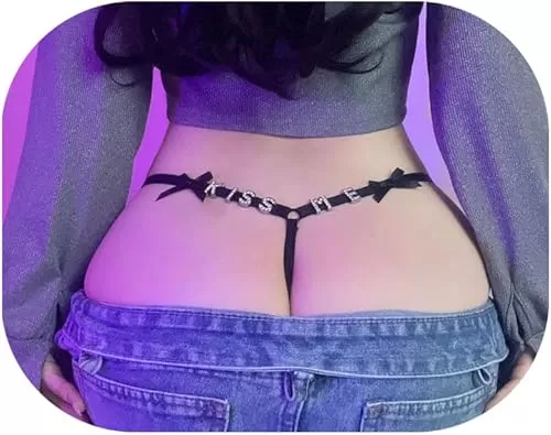 Sexy Rhinestone Letters Thong Panties Jewelry Summer Beach Crystal Chain Thong Adjustable Bikini Thong Festival Rave G String Waist Body Jewelry for Women