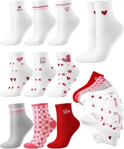 Shihanee 10 Pairs Women Heart Socks Cotton Soft Novelty Ankle Socks Bulk Cute Christmas Valentines Day Gifts, Red White Heart Pattern Striped Plaid, 10 Styles