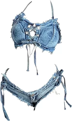 SINMIUANIME Women's Denim Bikini Set Bra Panties Cosplay Lingerie Jeans Shorts for Beach Play and Bar Nightclub Performance