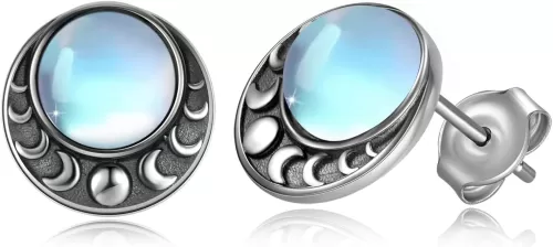 Sterling Silver Moon Phase Stud Earrings - Moonstone Moon Jewelry Gift for Women