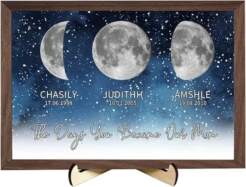 THE DAY YOU BECAME OUR Mom Personalized Moon Phase Art Frame Plaque, Custom Real Moon Phase Picture Sign with Name Date, Mothers Day Birthday Gifts for Mom Grandma Home Decor