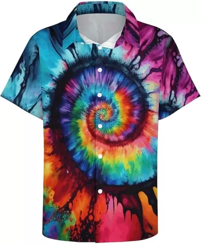 TiwBski Hawaiian Tie Dye Style Shirts for Men Rainbow Print Button Down Shirt Short Sleeve