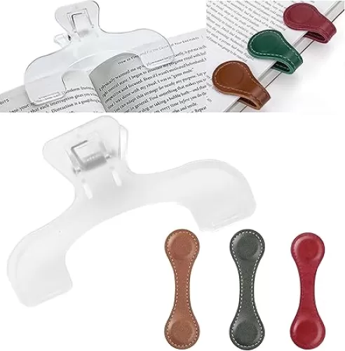 Transparent Reading Book Holder with 3Pcs Magnetic Leather Bookmarks Combination Set, Double Sided Magnetic Bookmarks Holder for Class Notes Music Book Fixation