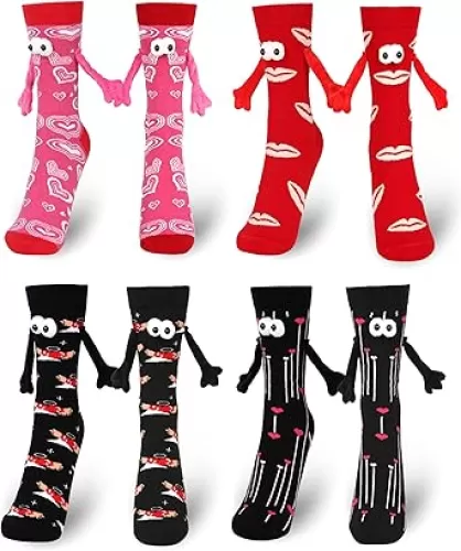 Vermeyen Magnetic Holding Hands Socks Novelty Funny Women Men Socks Couple Boyfriend for Gifts Halloween Christmas Sock