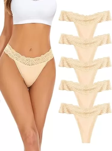 voenxe Seamless Thong for Women, No Show Lace Underwear, Ladies Breathable Comfort Panties Soft Laser Cut Undies, Tanga, 5-Pack