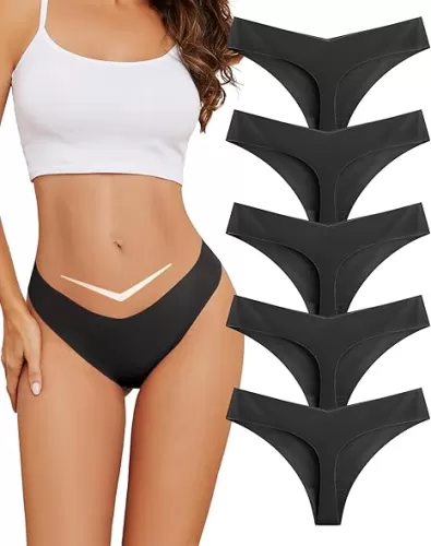 voenxe Seamless Women Underwear Thong, Low Rise No Show Ladies Panties, V Waist Cut No Line Workout Brief Comfortable 5-Pack