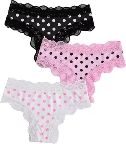 WDIRARA Women's 3 Pack Cute Graphic Panties Set Lace Trim Low Rise Comfy Thong Underwear