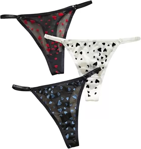 WDIRARA Women's 3 Piece Heart Print G-String Panties Mesh Sheer Mid Rise T Back Thong Underwear