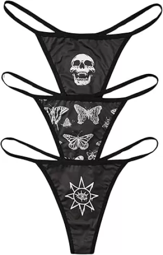 WDIRARA Women's 3 Piece Skull Butterfly Sun Print G String Thong Low Rise Sexy Panties