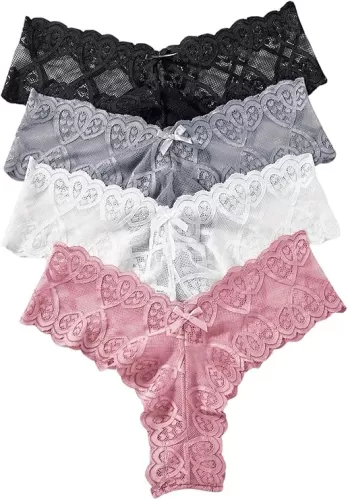 WDIRARA Women's 4 Pack Lace Bow Thong Panties V Cut Low Rise Cheeky Briefs Underwear