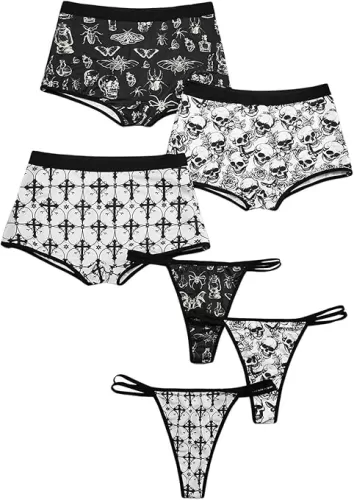 WDIRARA Women's 6 Piece Goth Graphic Print Underwear Briefs Cheeky Mid Rise Panties Thongs