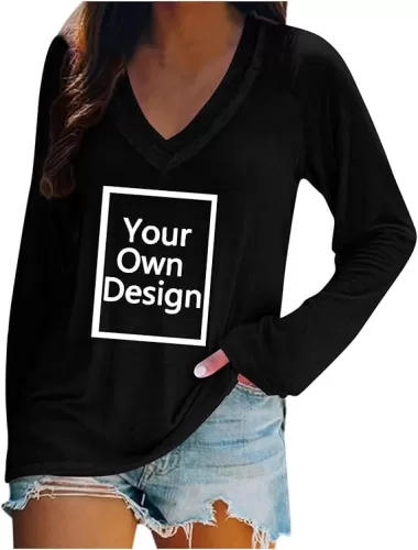 Women Custom Shirts Long Sleeve T Shirts Loose V Neck Tunic Tops, Your Own Design, Add Text/Photo/Image/Logo