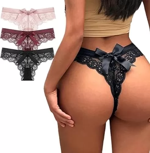 Women Lace Bow Thongs, T Back Low Waist Panties Sexy V-Shape Design Floral Lace, Breathable Panties Undies for Women 3-Pack