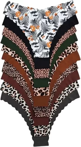 Women's 10 Pack Thongs Set Leopard Print Seamless Brief Floral Scallop Mid Rise No Show Panty Set