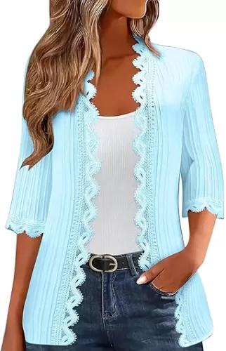 Womens Lace Cardigan Tops Fashion Solid 3/4 Length Sleeves Front Closure Casual Comfy Beach Cover up Shawl Shirts
