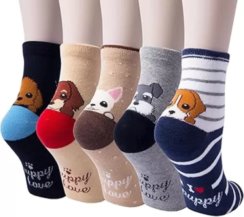 YSense 5 Pairs Womens Cute Animal Socks - Dog, Cat, Novelty, Cartoon, Cotton, Casual Crew, Funny Socks Gifts