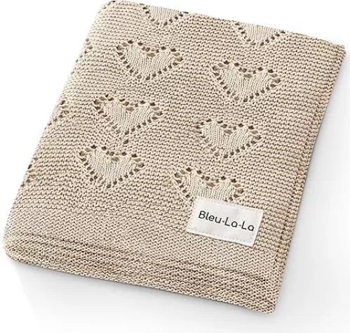 100% Luxury Cotton Heart Swaddle Knit Baby Blanket for Girls and Boys - Soft Warm Cozy Swaddling Receiving Stroller Crib Blanket for Newborns Infants & Toddlers (Oatmeal, 0-2 Years)