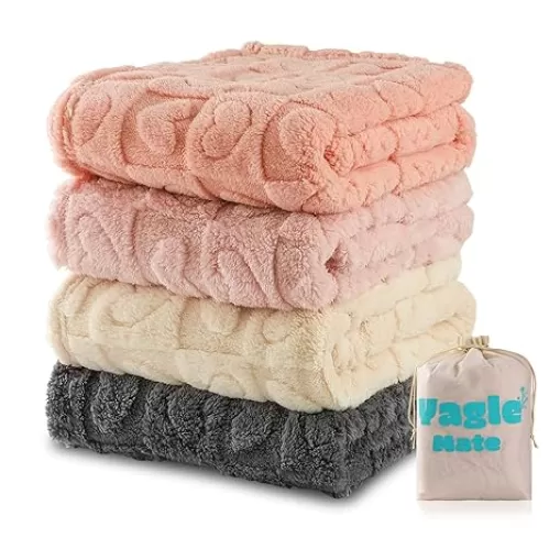 4 Pcs Baby Blankets, Fleece Heart Checkered Blanket, Cozy and Fluffy Crib Blankets for Girls, Toddler Receiving Blankets 30×40 Light Pink Sakura Pink White Grey