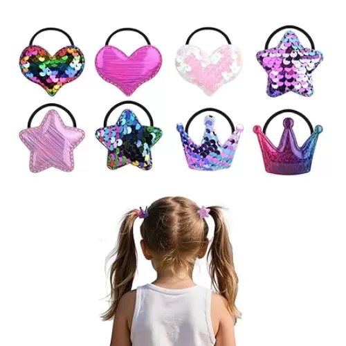 8Pcs Gradient Color Sequins Heart Star Crown Hair Ties for Baby Girls, Cute Small Hair-Ties No Damage Hair Elastic Ropes Ponytail Holder Hair Accessories for Infants Toddler Little Girls Gifts