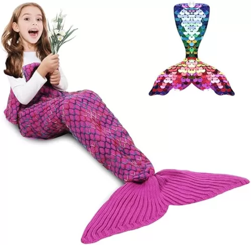 AmyHomie Mermaid Tail Blanket, Soft Crochet Sleeping Bag Blanket for Kids Adults, Mermaid Gift for Girls(Rainbow, Kids)