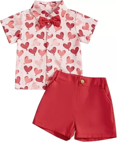 Baby Boy Valentines Clothes Short Sleeve Heart Print Button Down Shirt Bermuda Shorts Kids Gentleman Outfit