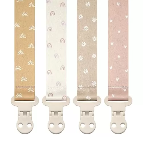 Baby Pacifier Clip Holder - Girl 4 Pack Gift Set - Boho Rainbow Suns Hearts Daisies Design (Belle)