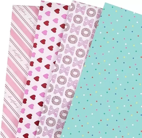 BIOBROWN Reversible Birthday Wrapping Paper Sheets - 8 Folded Flat - 4 Styles Gift Wrap Paper for Boys Girls Kids Men Women Party Baby Shower Holiday - Heart & XOXO, 17 Inch X 40 Inch Per Sheet