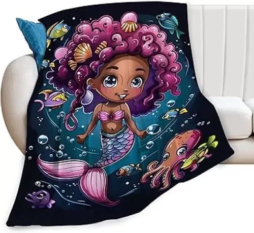 Black Girl Mermaid Blanket Mermaid Decor Throw Blanket Gifts for Girls Boys Mermaid Lover Winter Couch Bedding Super Warm Soft Plush Lightweight Fleece Flannel Blanket for Kids Adult Men Women 50"X40"