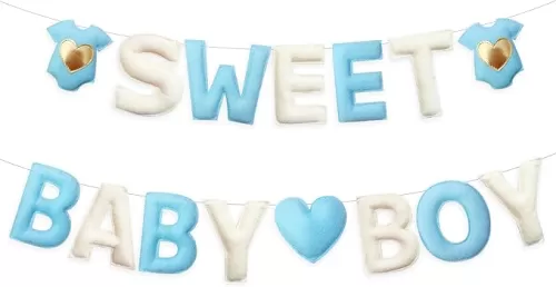 Blue Baby Shower Decorations Pre-Strung Handmade Felt Sweet Baby Boy Sign Baby Clothes Heart Banner for It's a Boy Welcome Home Party Nursery Home Fireplace Mantle Room Decor
