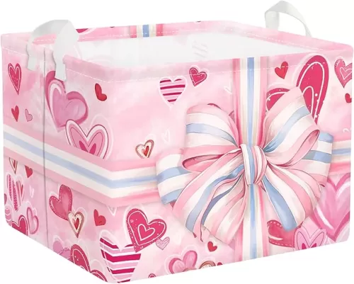 Clastyle Ribbon Bow Baby Gift Box Basket Heart Kid Storage Basket Girl Laundry Hamper Collapsible Clothes Organizer Nursery Bin for Bedroom, Pink, 40 * 30 * 30 cm