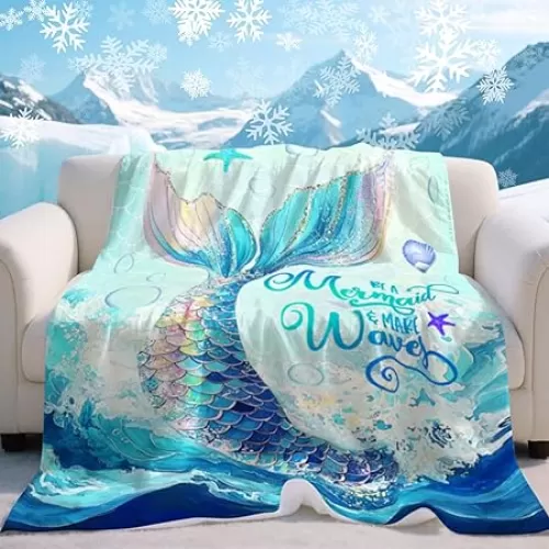 Cooling Blanket for Hot Sleepers Summer Blue Mermaid Throw Blanket for Bed Lightweight Summer Bedding Gifts Ice Cold Comfort Throws Breathable Mermaid Cooling Blankets for Adults Kids 50x68 Inch