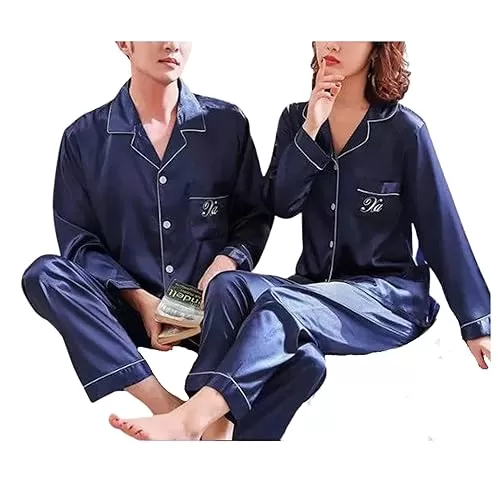 Couples Matching Pajamas Personalized Silk Long Sleeve Sleepwear Satin Soft Button Down Loungewear Pjs Set XS-3X