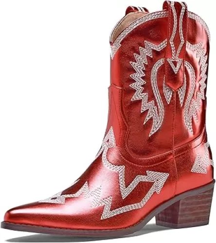 Cowboy Boots for Women Embroidered Metallic Ankle Western Cowgirl Boots Pointed Toe Chunky Heel