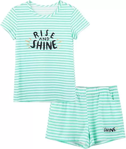 Cozchique Summer Pajamas for Girls – Stripe & Glittering Heart PJS Pal Cute Jammies Set Big Kids Size 4T-18