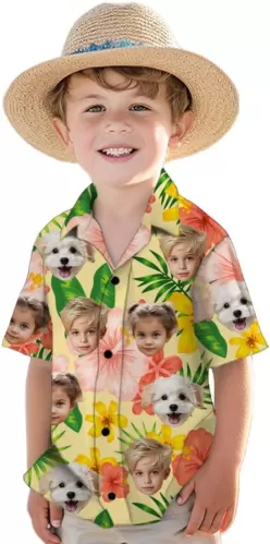 Custom Face Hawaiian Shirt for Kids, Customized Children Face Photo Tropical Floral Hawaiian Shirt, Best Gifts for Boys/Girls
