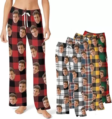 Custom Face Plaid Pajama Pants with Picture Personalized Personalized Pajamas Pants Customized Photo Gifts for Men Women (Polyester, Style-2)