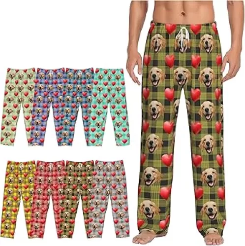 Custom Gifts Pajama Pants Men Women, Personalized Pj Bottoms Photo Face Dog Pet, Customized Plaid Striped Best Friend Birthday Gifts for Women