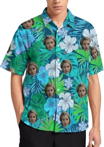 Custom Hawaiian Shirt with Face, Personalized Photo Mens Tropical Floral Shirts Short Sleeve Beach Party Button Down Shirt