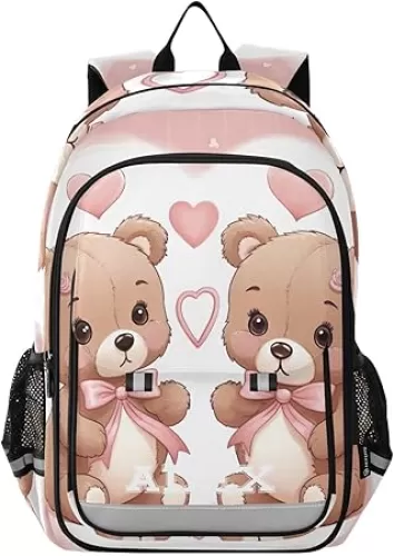 Custom Valentine Teddy Bears Hearts Bows School Backpack for Girls-Boys Elementary School Bookbag Daypack for Kids Personalized