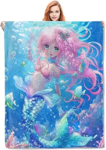 Cute Mermaid Blanket, Cartoon Flannel Throw Blankets, Soft Warm Lightweight Cozy Plush Mermaid Throws for Bedroom Sofa Home Decor Gifts for Women Girls 50"x60"